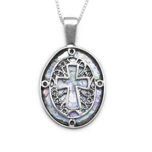 Oval Ancient Roman Glass Cut Out Cross Necklace Sterling Silver